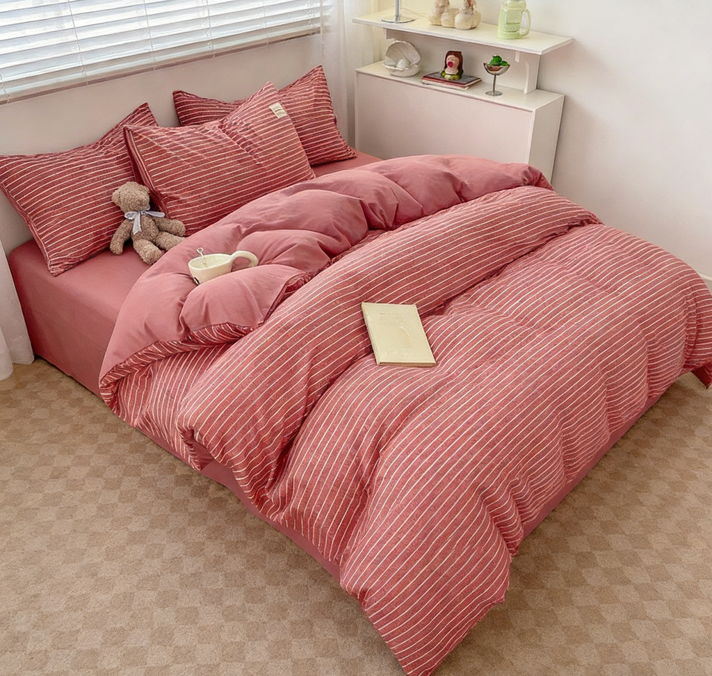 Red Striped Washed Cotton Bedding Set