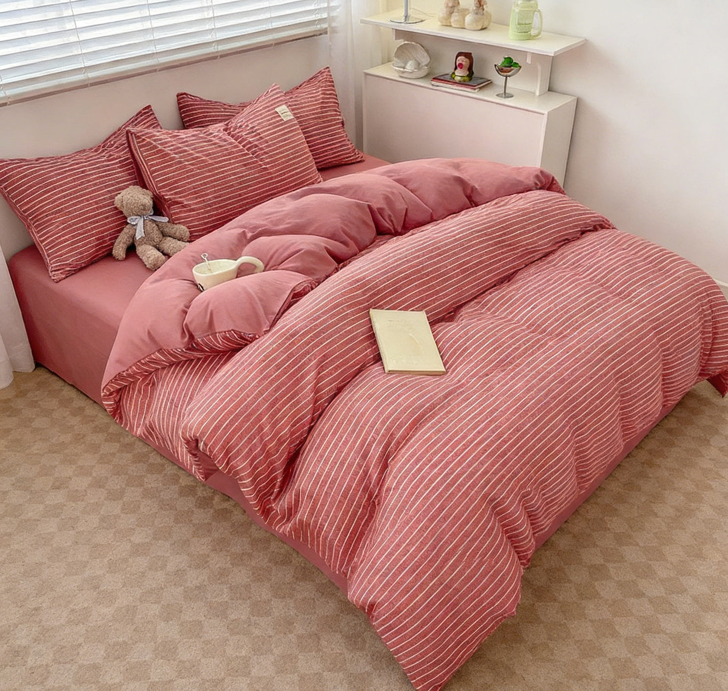 Red Striped Washed Cotton Bedding Set