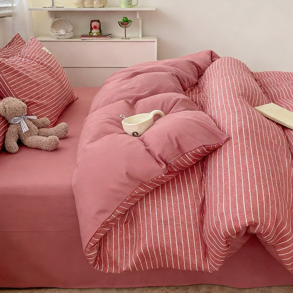 Red Striped Washed Cotton Bedding Set