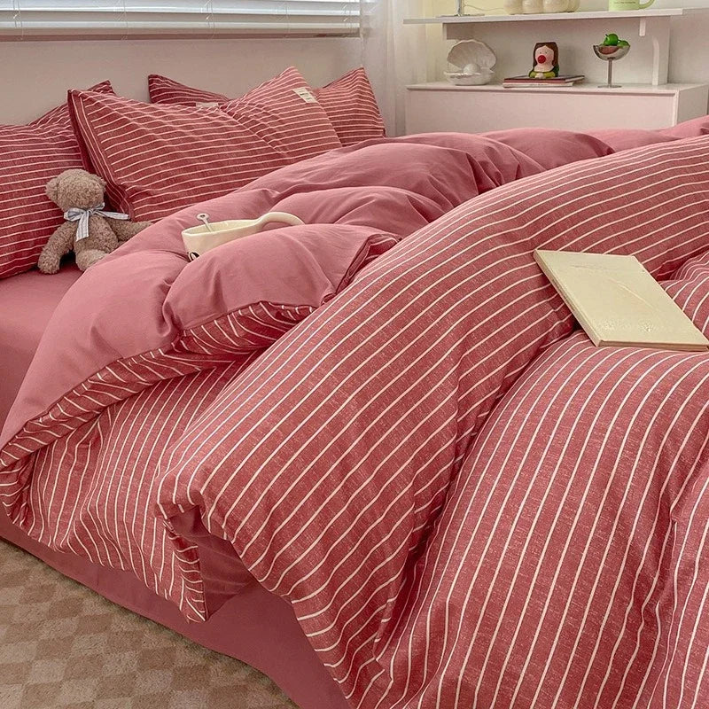 Red Striped Washed Cotton Bedding Set